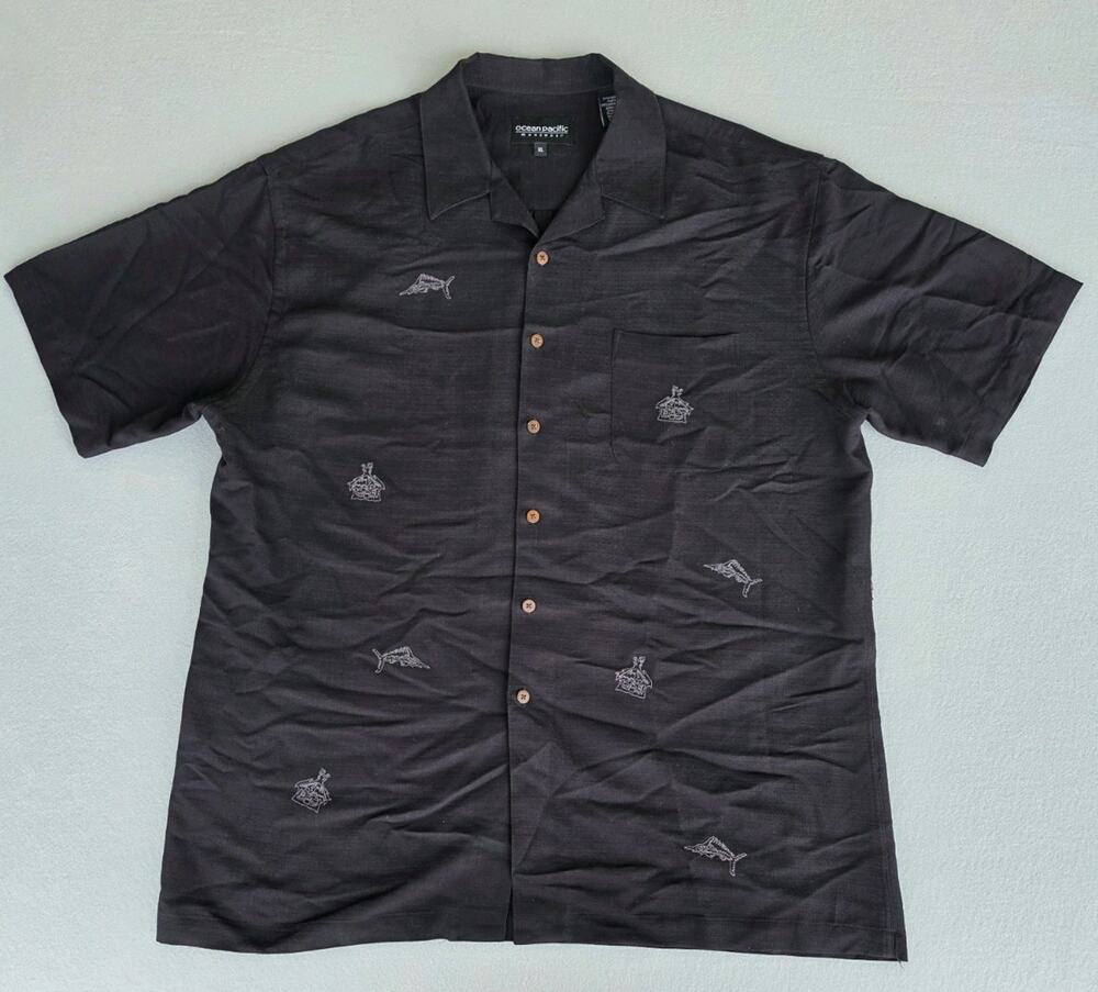 Ocean Pacific Menswear Shirt Black Embroidered Size M S/S Button Marlin Hut